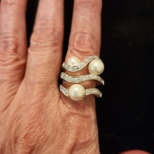 Sterling Silver Pearls Rhinestone Triple Band Ring NWT Size 7 Victorian Romantic